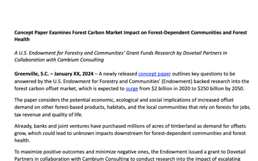 Concept Paper Examines Forest Carbon Market Impact on Forest-Dependent Communities and Forest Health